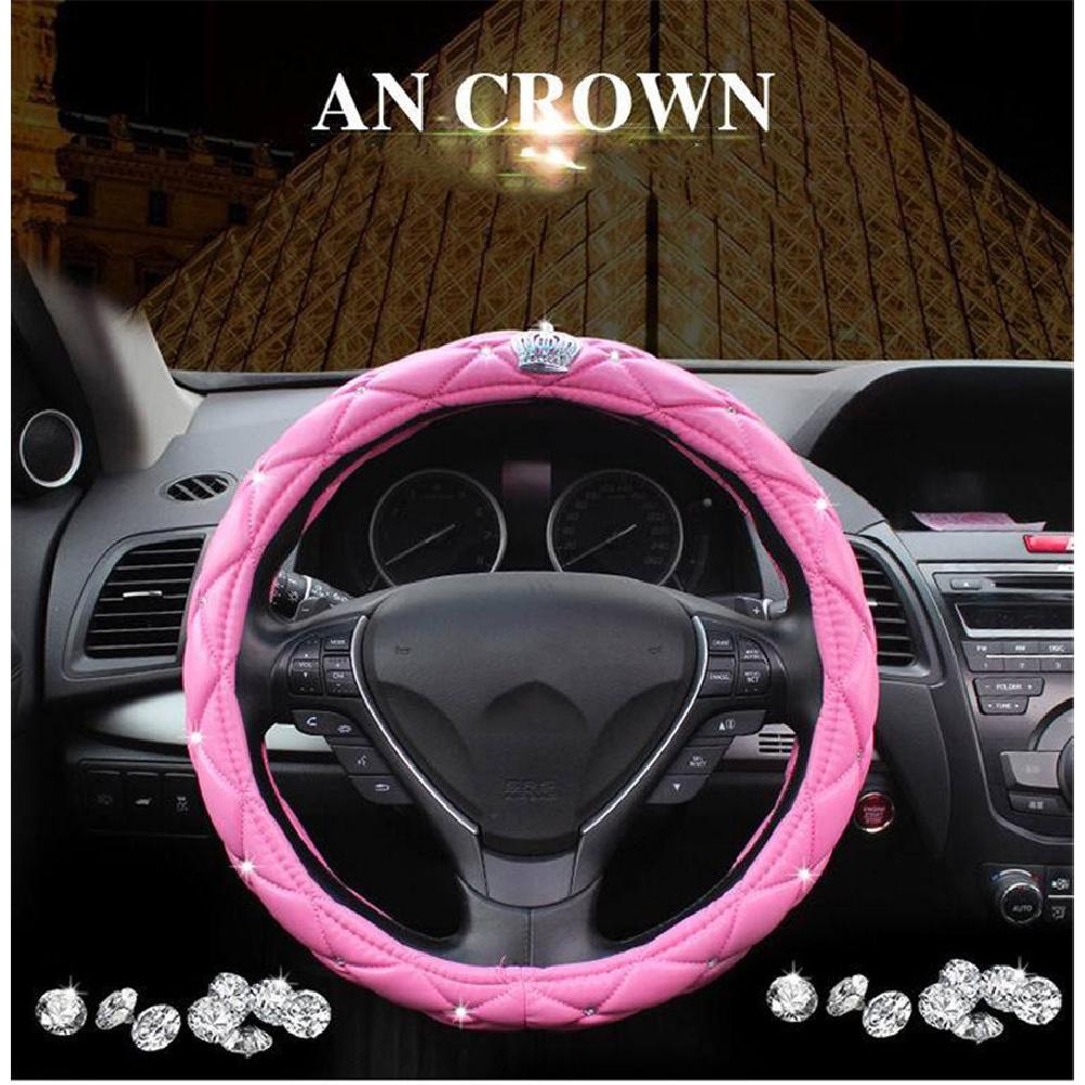 Black Car Steering Wheel Cover Pu Leather 38Cm Rhinestone Crystal Diamond Crown