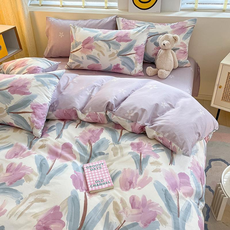 Juego de cuatro piezas de algodón puro de 60 hilos, cama gruesa de algodón puro, juego de tres piezas, algodón de fibra larga, funda de edredón pequeña y fresca, sábana ajustable