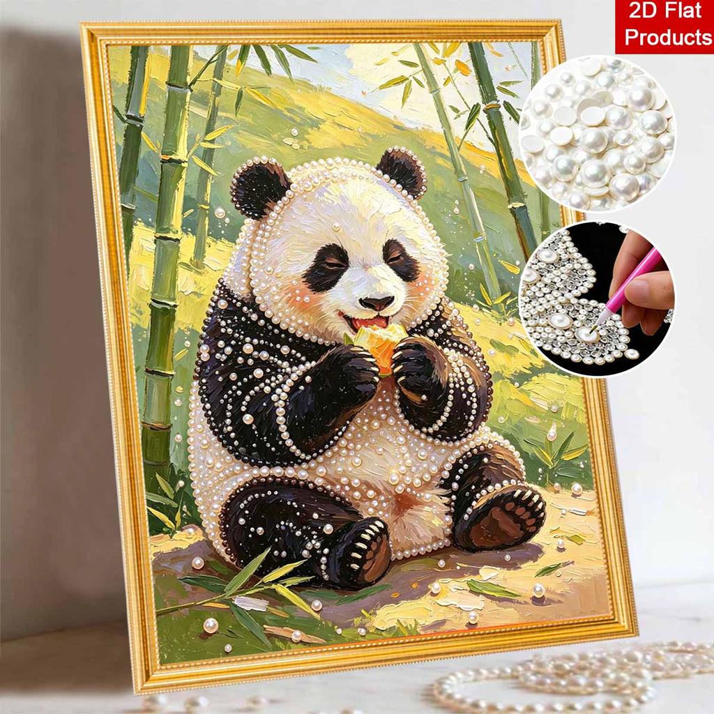Cute Panda Eating Bamboo 5D Pearl Painting Kit with Frame DIY Sparkling Bead Canvas Art Relaxing Craft for Girls Room Decor Aesthetic