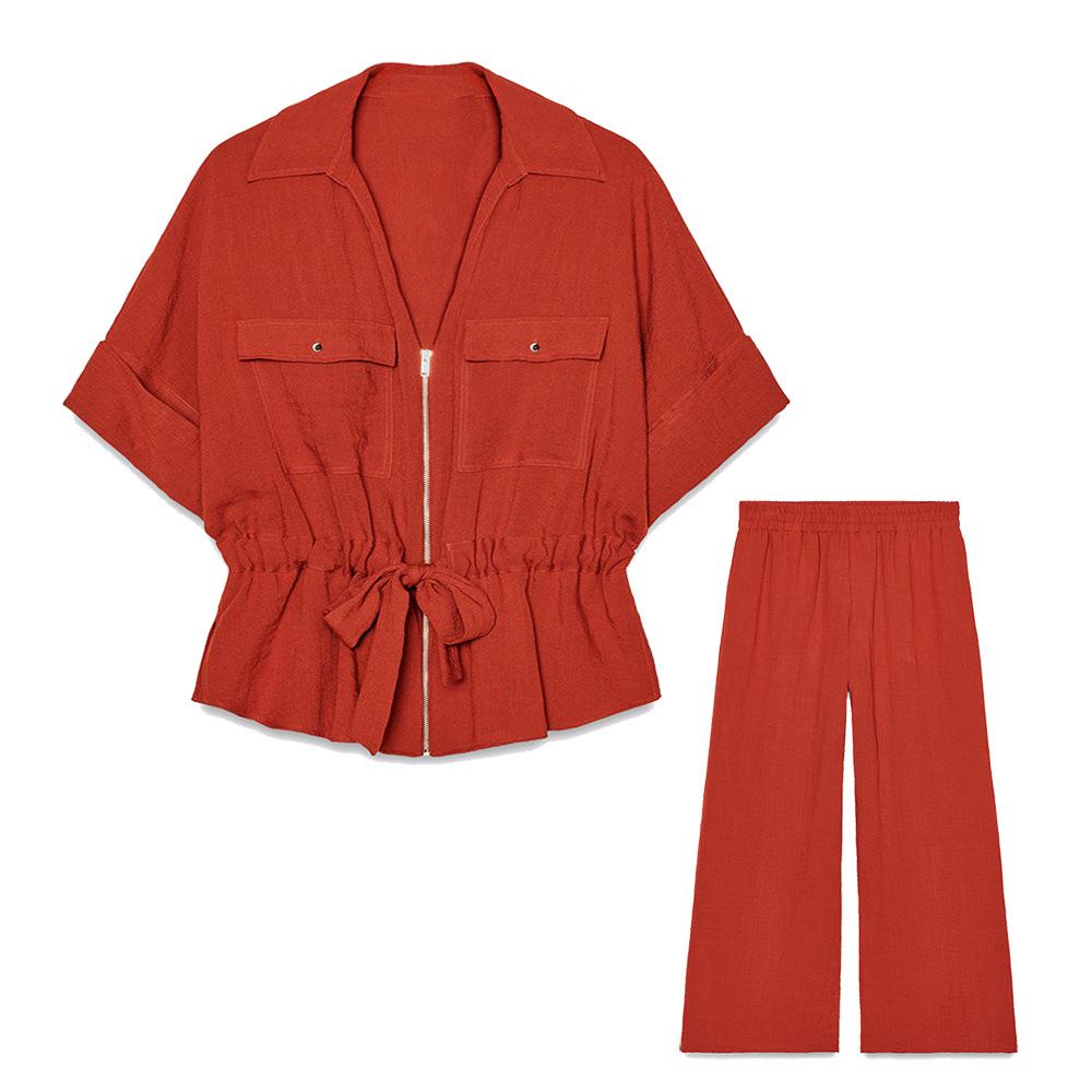 European Chic Old-Money Style Summer Two-Piece: Short-Sleeve Shirt & Wide-Leg Pants for Women