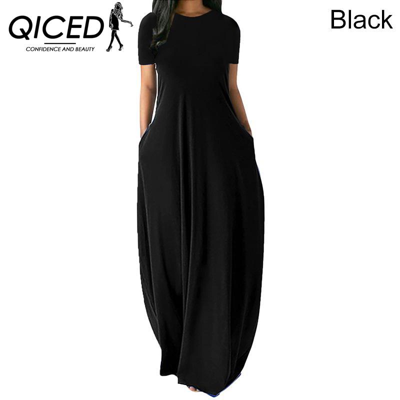 

QICED Женское повседневное свободное длинное платье с круглым вырезом и коротким рукавом, летнее пляжное платье, элегантное вечернее платье XXXL чёрный