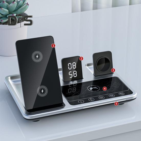 4 In 1 Wireless Charger Stand with Alarm Clock & Night Light Foldable Fast Charging Dock One-Key Lifting Smartwatch Charging Stand for IPhone