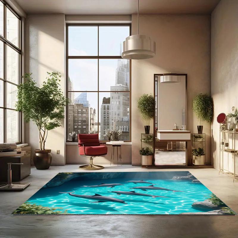 Dolphin Ocean Rug Coastal Entryway Doormat NonSlip Easy Clean Nature Home Decor Carpet for Living Room Bedroom Pet Friendly