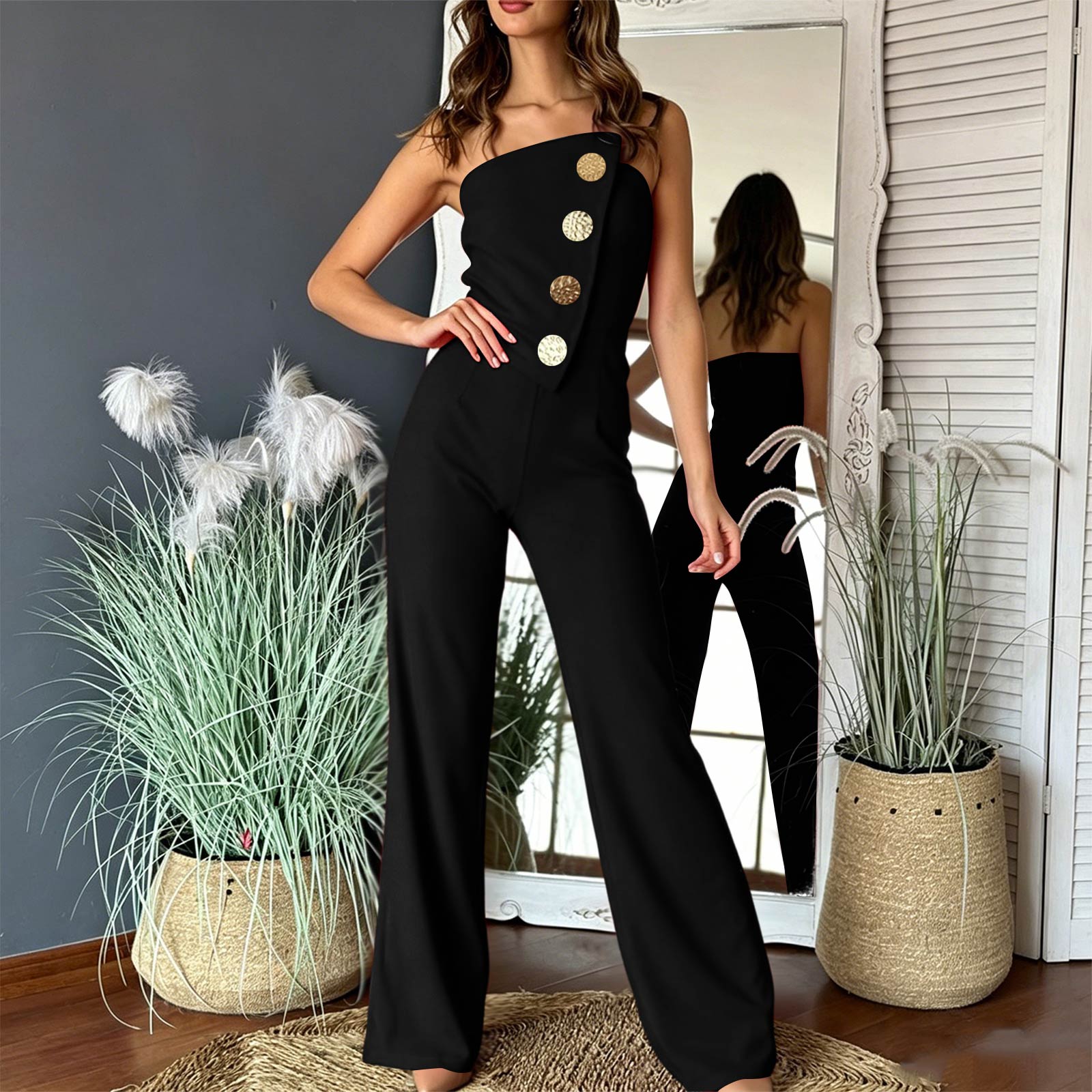 Women s Fashion Casual Summer Strapless Jumpsuit Wide Leg Button Detail One Piece Romper L