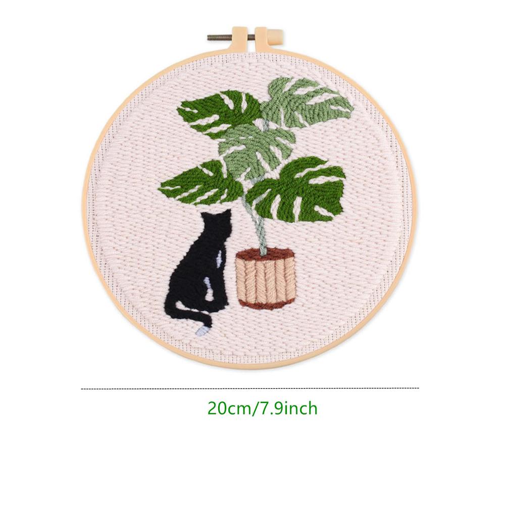 Cartoon Cat & Green Plant - Embroidery Starter Kits with Embroidery Hoops, Punch Needle Fabric with Pattern, Punch Needle Kit for Craft Lovers