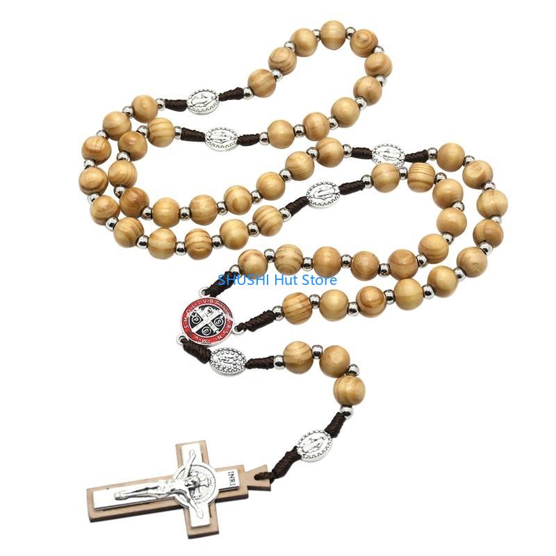 Wooden for Cross Rosary Necklaces Bead Hanging Christian Pendant for Women Men Religious Praying Jewelry Gift D57B