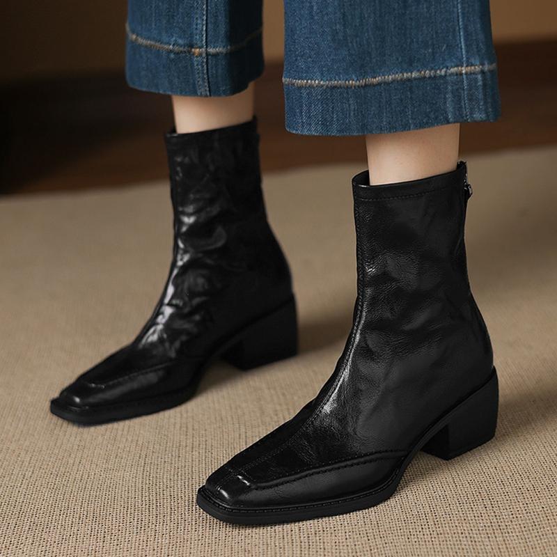 Fashion NEW Autumn Women Boots Square Toe Chunky Heel Shoes Genuine Leather Shoes for Women Short Modern Boots Daily Shoes Zipper Boots
