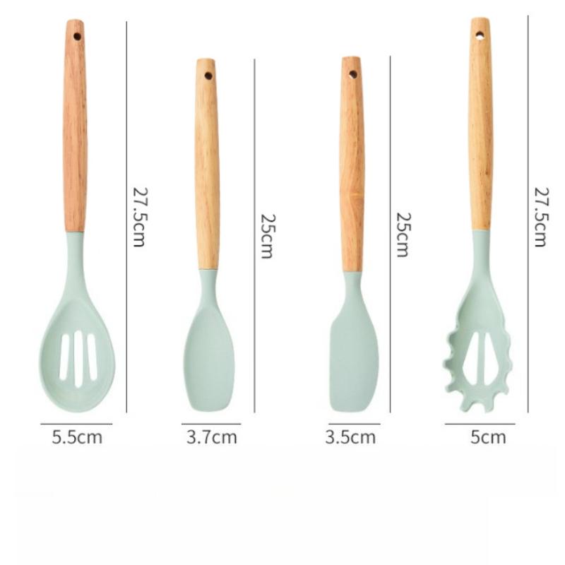 12pcs Set of Multi-color Silicone Wooden Handle Kitchenware Set Non Stick Pot Spatula and Spoon Cooking Utensils Heat-resistant