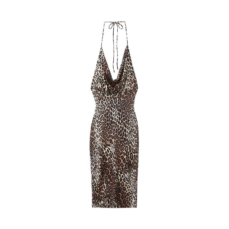 Jnleaog Autumn Women's Clothing European, American and French Style Animal Pattern Print Ruched Halterneck Dress 1165098 042