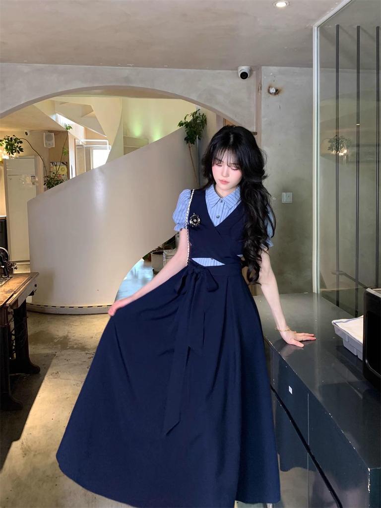 Vestito Primaverile a Finta Due Pezzi con Pizzo e Fiocco Dolce in Stile Coreano per Ragazze Energiche