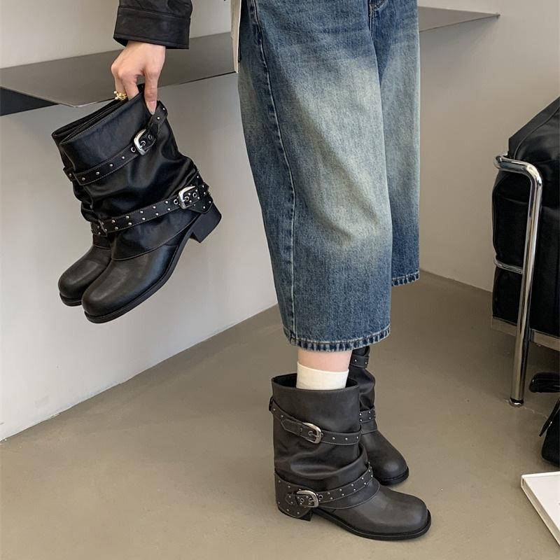 Design short boots women's rivets new stacking boots women's medium tube thick sole heightening trouser tube boots women