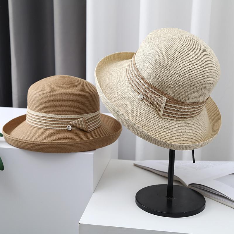 Sun Hat Women's Summer Crimped Straw Hat British Retro Black Sunscreen Hat Travel Foldable Sun Hat Tide