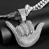 Alloy Full Diamond Lucky Gesture Pendant Personalized Male Hip Hop Cuban Chain Texture Finger Frame Necklace