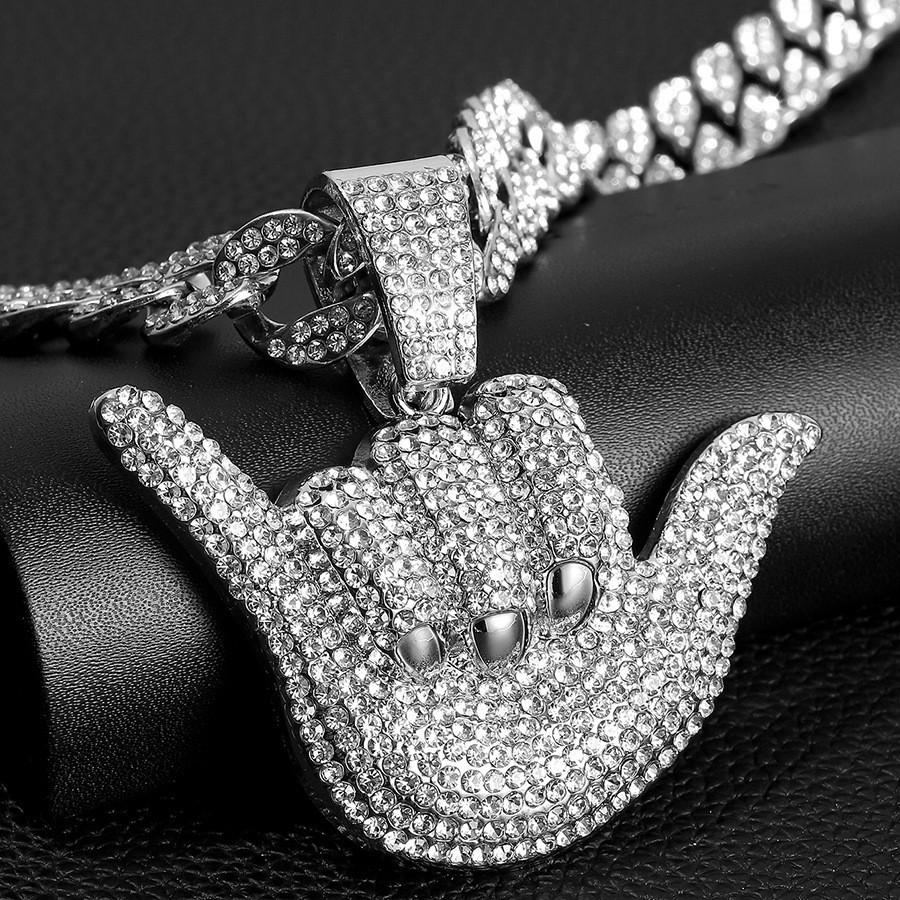 Alloy Full Diamond Lucky Gesture Pendant Personalized Male Hip Hop Cuban Chain Texture Finger Frame Necklace