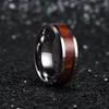 Fashion Men Stainless Steel Rings Red Koa Wood Inlay High Polished Wedding Band Ring for Men Women Anniversary Jewelry