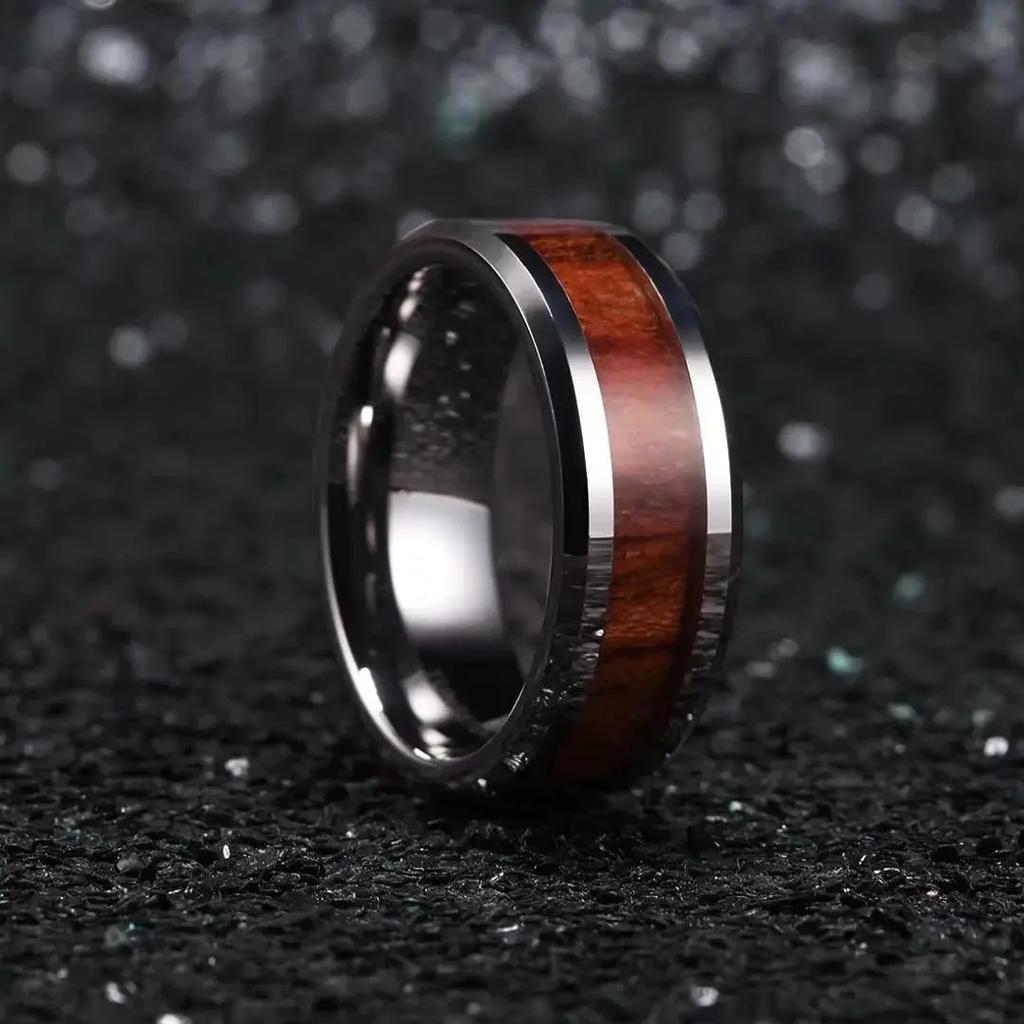 Fashion Men Stainless Steel Rings Red Koa Wood Inlay High Polished Wedding Band Ring for Men Women Anniversary Jewelry