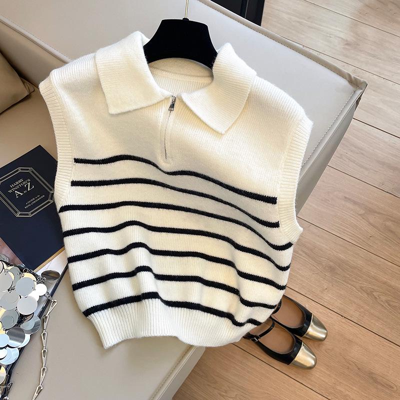 Women s Korean Retro Striped Knit Zipper Vest Sweater Cardigan for Autumn-Winter One Size белый