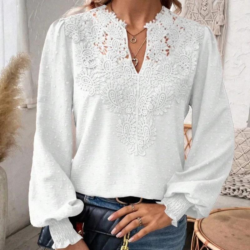 Mote Ny V-hals Blonder Patchwork Langermet Casual Skjorte Dame Topper Elegant Slim Fit Hul Løs Bluser Dame Vintage Street Hvite Skjorter 26625