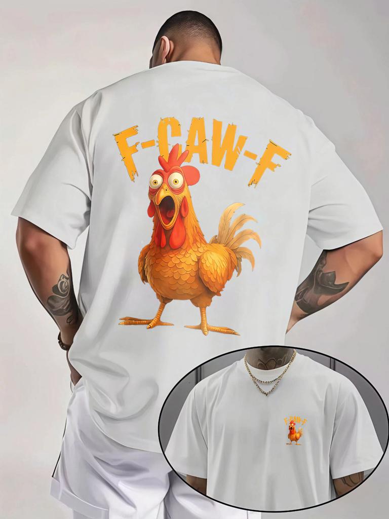 Navy Unisexs Tee Cartoon Rooster F Caw F Letter Print Crew Neck Cotton Short Sleeve Humor Male Street Summer Soft Daily Casual Wear