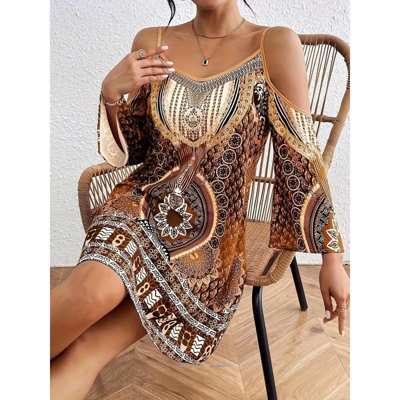European & American Ethnic Geometric Off-Shoulder Long-Sleeve Dress - In Stock 2025