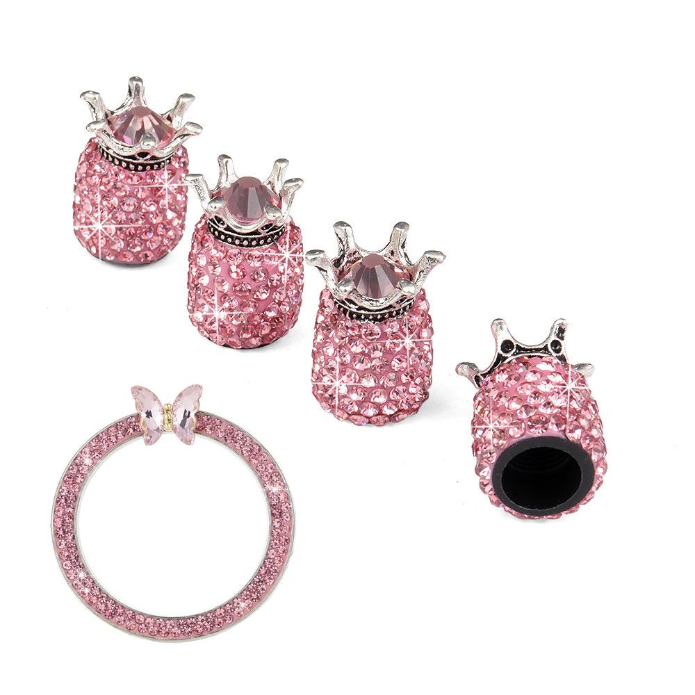 5PCS Bling Car Tire Valve Cap Clay ABS Diamond Crown Auto Wheel Caps And Rhinestone One Click Start Button Engine Decoration