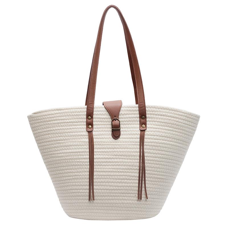 

Повседневная и свежая плетеная пляжная сумка через плечо, вместительная сумка-тоут для поездок на работу и обратно с корзиной для овощей для женщин белый