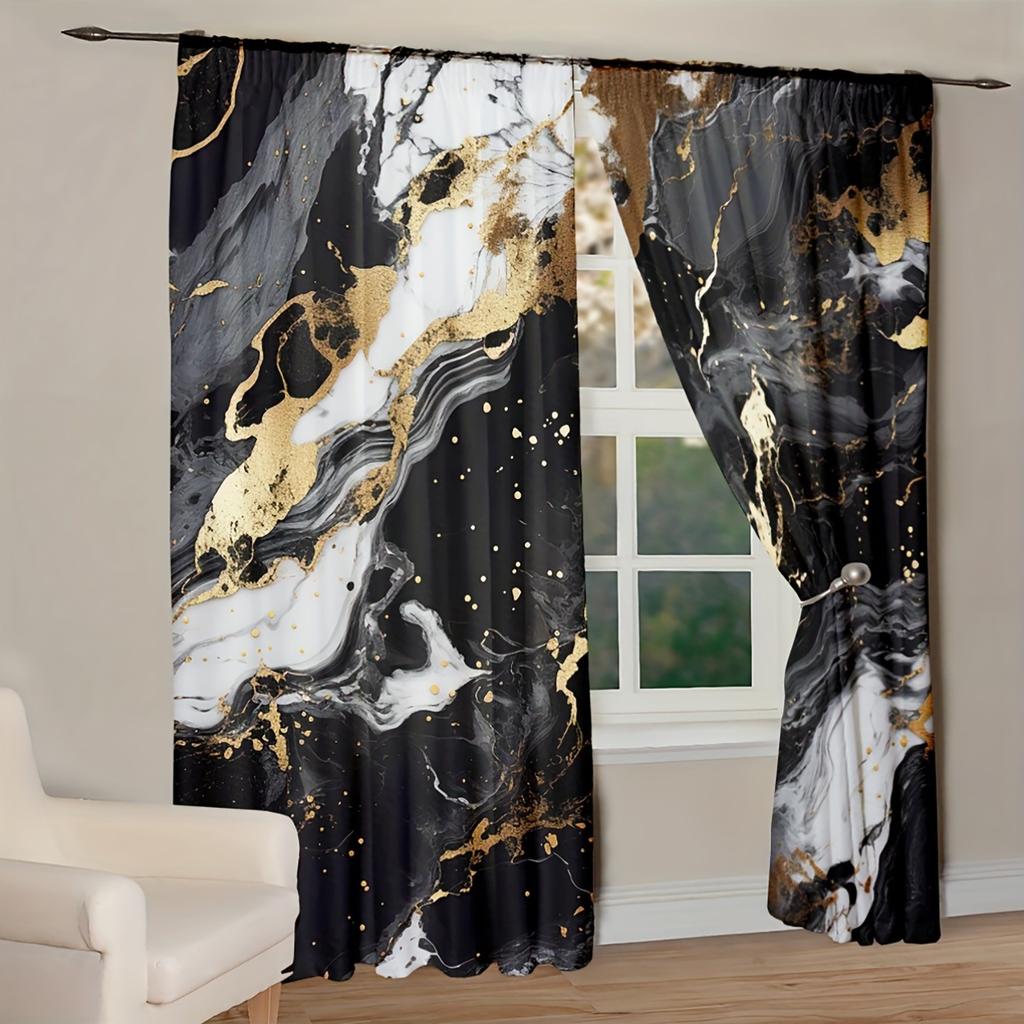 2pc Marble Pattern Curtains, Polyester Fabric, Machine Washable, Suitable for Bedroom Living Room Decoration
