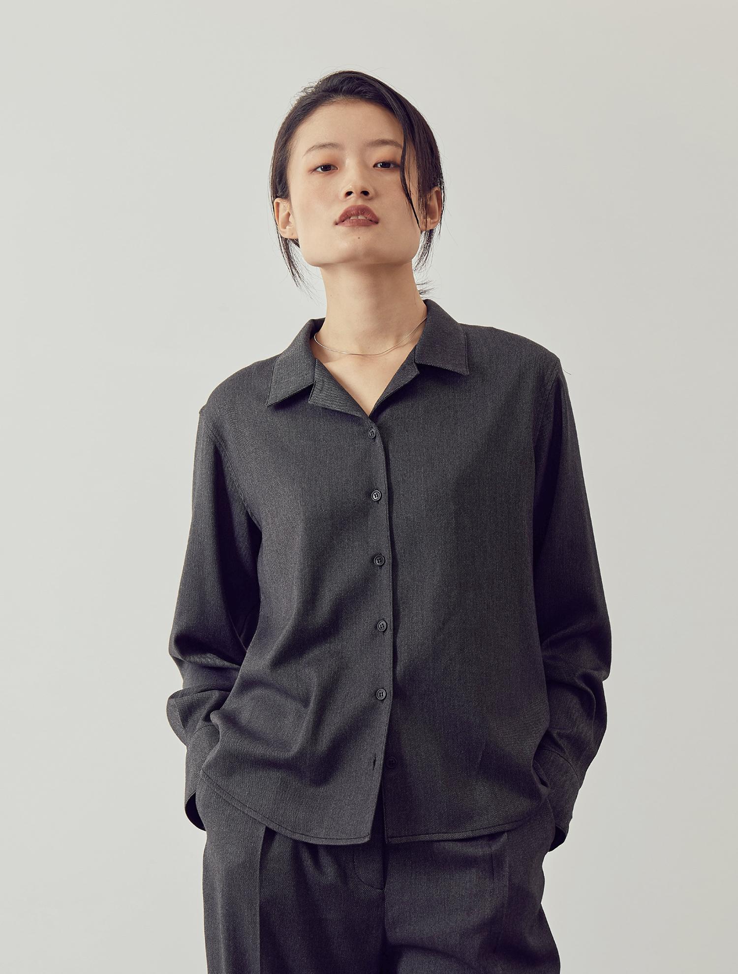 Bowloon Open Collar Shirt - Charcoal Dark Gray
