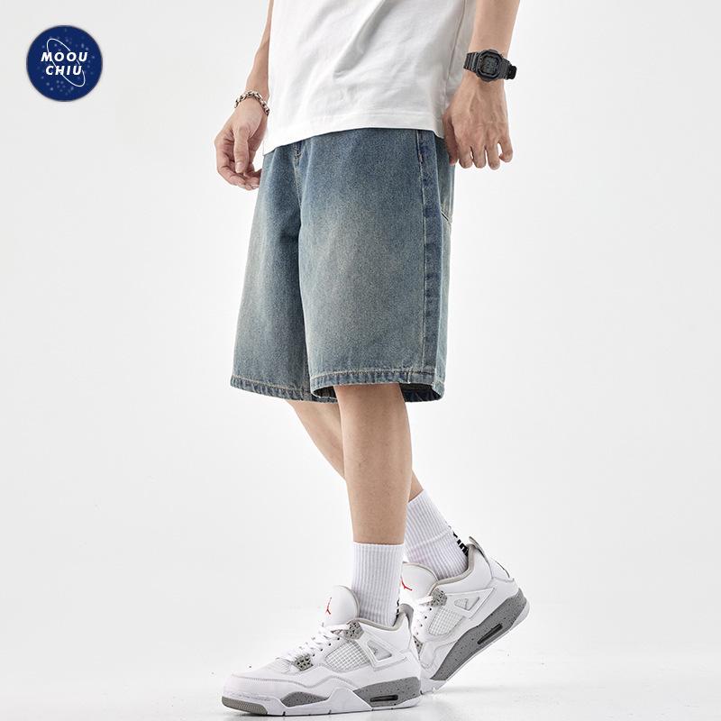 Mu Qiu Men's Denim Shorts | Trendy Plus Size Retro-Wash Straight Shorts