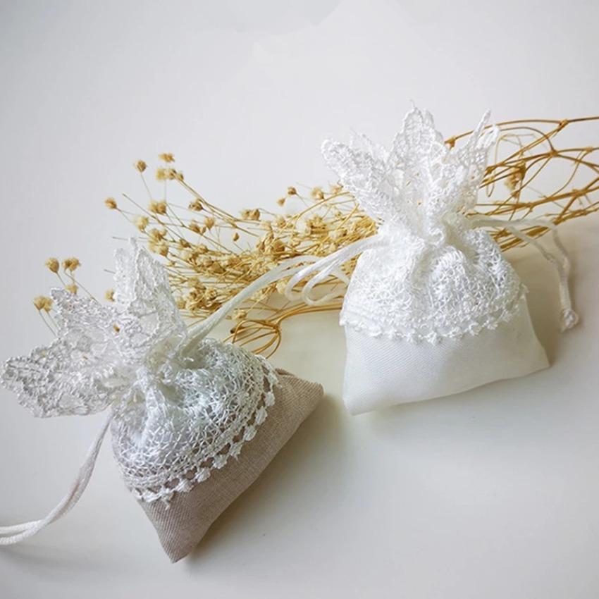 10Pcs Lace Jewelry Drawstring Organza Bags White&beige Candy Packaging Bags Wedding Gift Bags Dragees Pouches Craft Packages