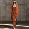 Vintage Plaid Long Sleeve Maxi Dress High Waist Slim Fit U Neck Lantern