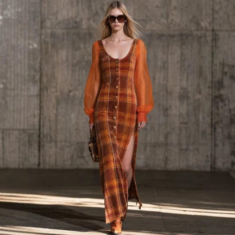 Vintage Plaid Long Sleeve Maxi Dress High Waist Slim Fit U Neck Lantern