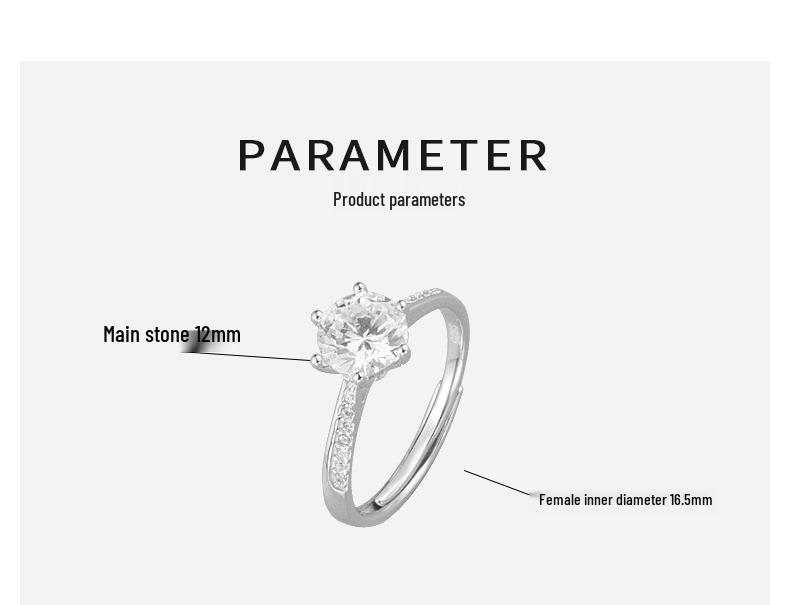 S925 Sterling Silver Adjustable Six-Prong Diamond Simulated Ring for Women - Elegant, Light Luxury Proposal Jewelry