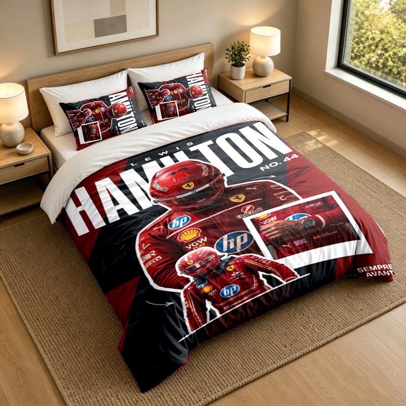 3-Piece Bed Sheet Set with Lewis Hamilton Design, 1 Flat Sheet and 2 Pillowcases for Bedroom