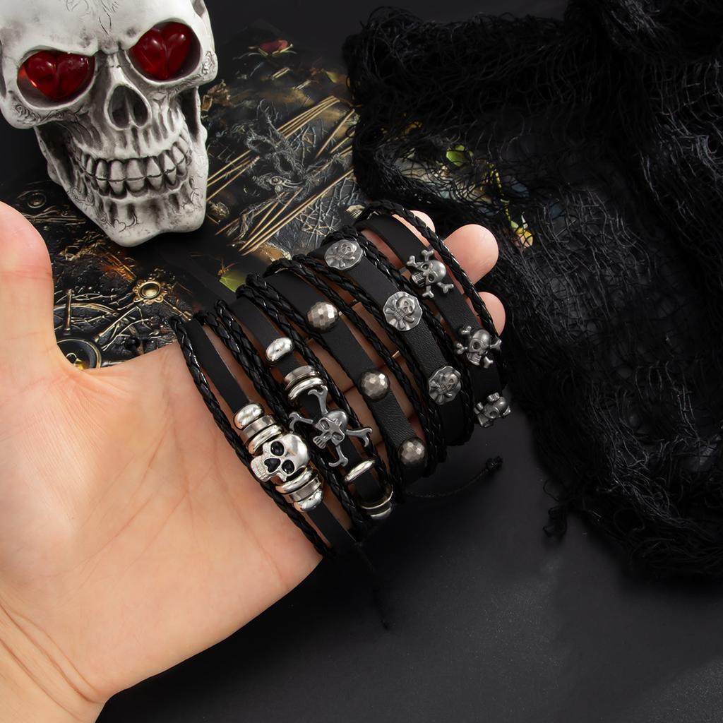PU Skull Bracelet Set Fashionable Personality Halloween Punk Style Exaggerated Bracelet Men's Jewelry