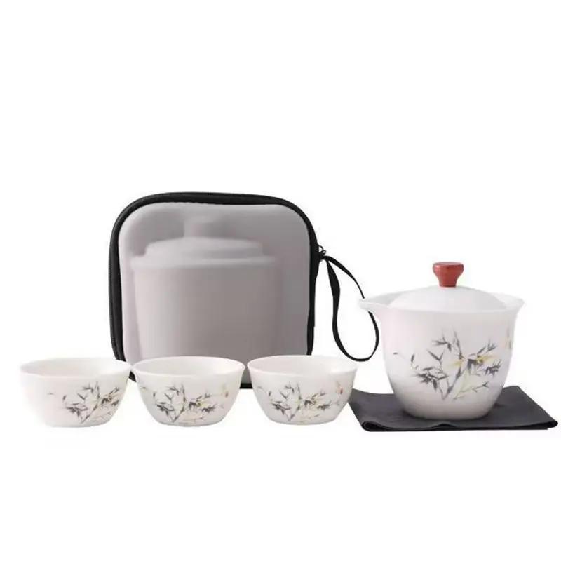 White Porcelain Tea Set, Including Gongfu Teapot and Tea Cup Set, Quick Guest Cup Storage Bag, Portable Travel Tea Set