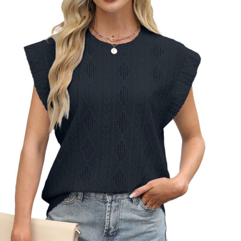 Spring Summer Round Neck Loose Short Sleeved T-shirt Jacquard Top Vest for Women Shirt