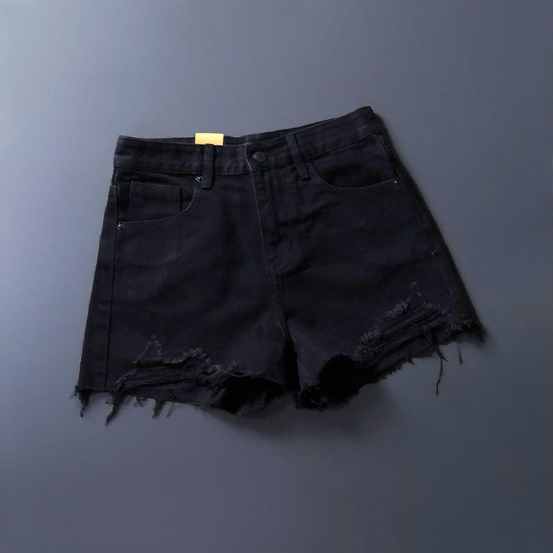 

Ripped Denim Shorts Women s Summer 2025 New Arrival High Waist Slimming and Wide Leg K-style Tassel Hot Pants Thin Soft Black XXS