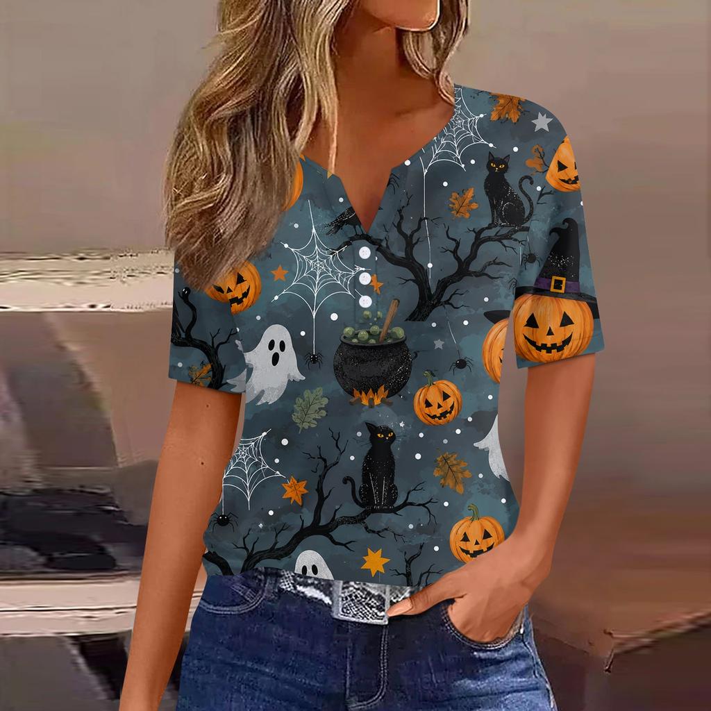 Women's Casual Halloween Print V Neck Short Sleeve Button T Shirt Top Lightweight Comfortable Fit