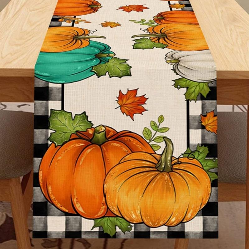 Festive Table Runner Fall Thanksgiving Pumpkin Leavest Table Runners Table Cloth for Holiday Decoration