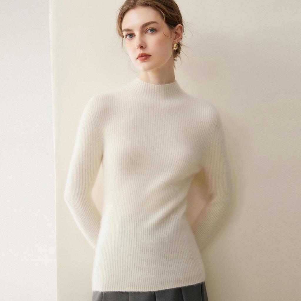 Women's Slim Fit Ribbed Cashmere Sweater - Half-High Neck