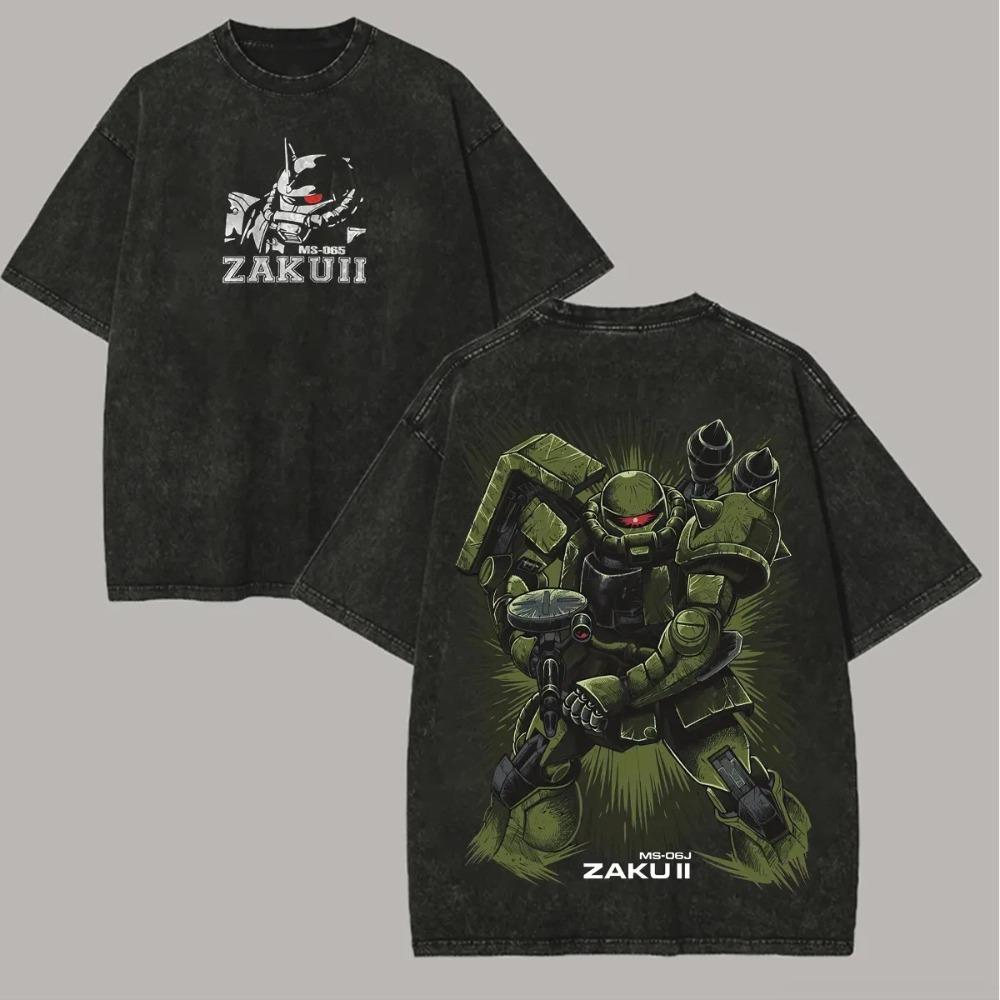 Мобильный доспех Гандам MS-06J Zaku II «Винтажный мех» Стиранная черная футболка оверсайз | Уличная футболка унисекс для фанатов аниме про мехов L