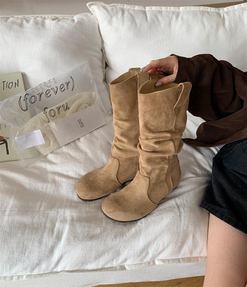 

~ Модные универсальные сапоги для женщин, но выше колена, весна и осень 2025, новые высокие ретро плиссированные сапоги-чулки 39 хаки