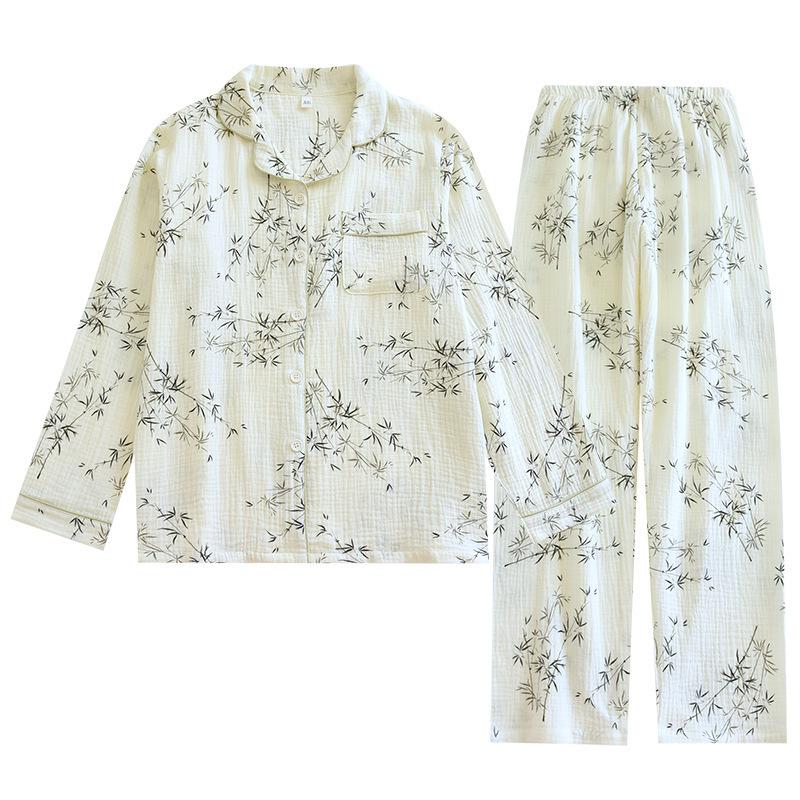 Couple's Pure Cotton Pajamas Set: Men's Long Sleeve & Pants, Women's Lapel Home Wear (Spring/Summer).