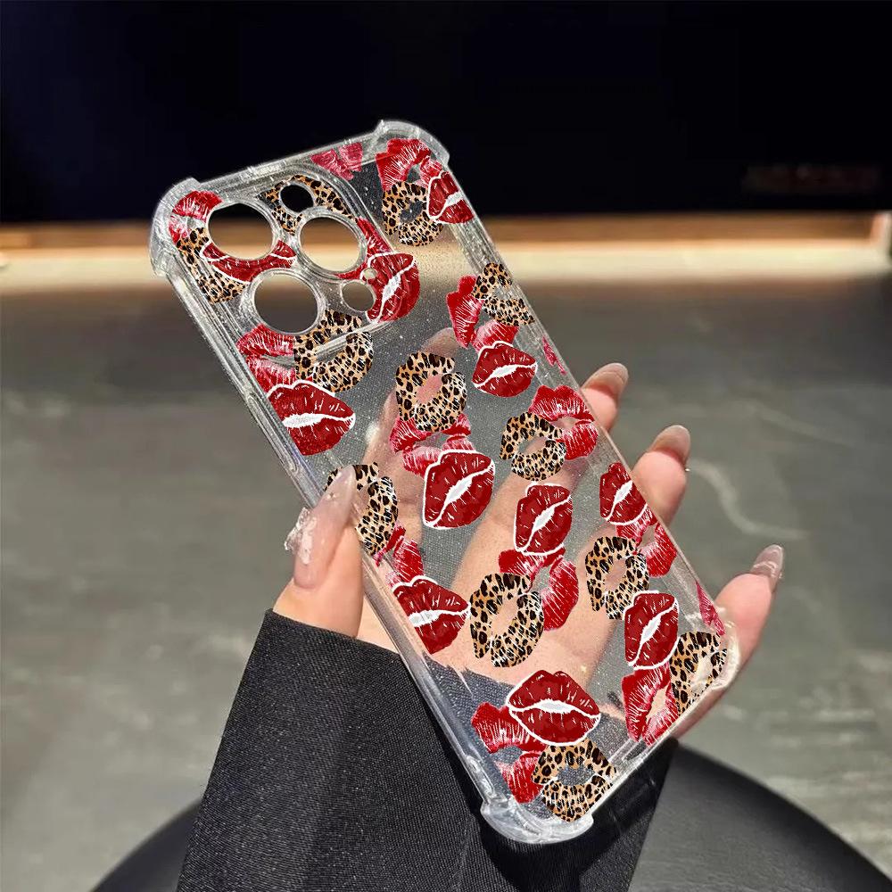Leopard Print Kiss for iPhone17 Four Corners Anti-drop Mobile Phone Case 16 Apple All-inclusive 15/14/13 Transparent Fine Hole