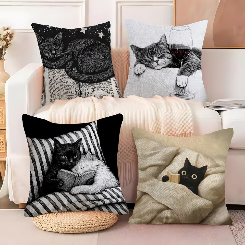 Couple cats Cushion Cover Natural Linen Organic Fabric DoubleSided Printing Sofa Home Decor Breathable Bed Pillow