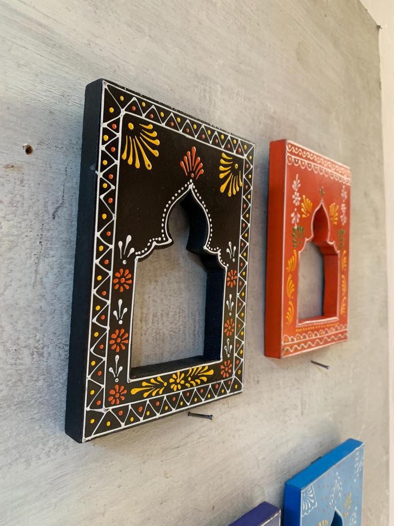 Hand-Carved Wooden Mehrab Wall Frame: Rajasthani Painted Jharokha (Set of 4)