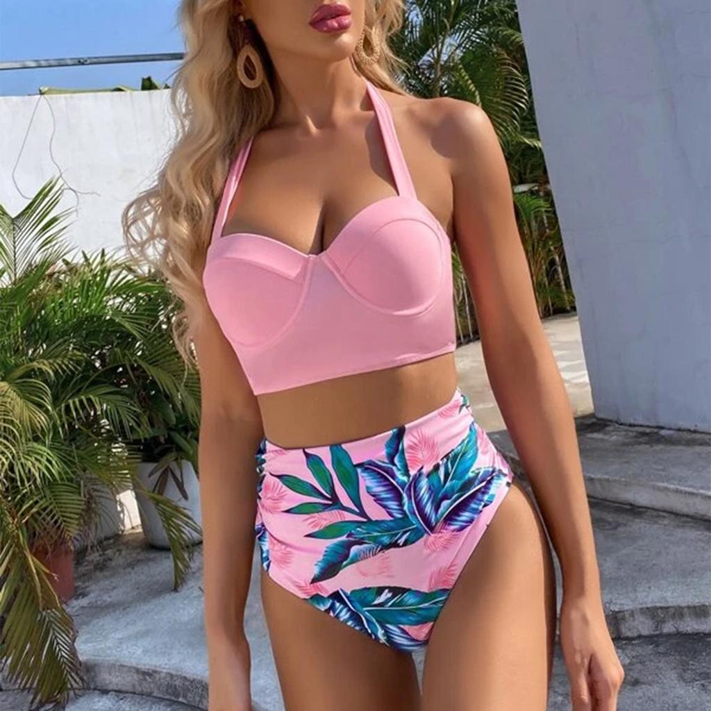 Dámský Módní Sexy Pevný Taška Bikini Vícebarevný Listový Potisk Plavky