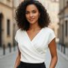 Pleated V-Neck Wrap Top Short Sleeve Pullovers T-shirt Female Ladies' Shirt  Office