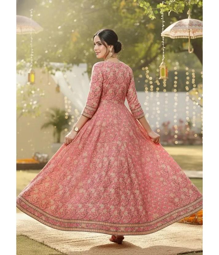 Kurta Anarkali din Bumbac Pur Imprimat pentru Femei (multicolor)